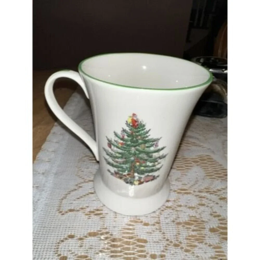 SPODE Porcelain TALL FOOTED Christmas Tree COFFEE MUG 12oz GREEN TRIM Pimpernel